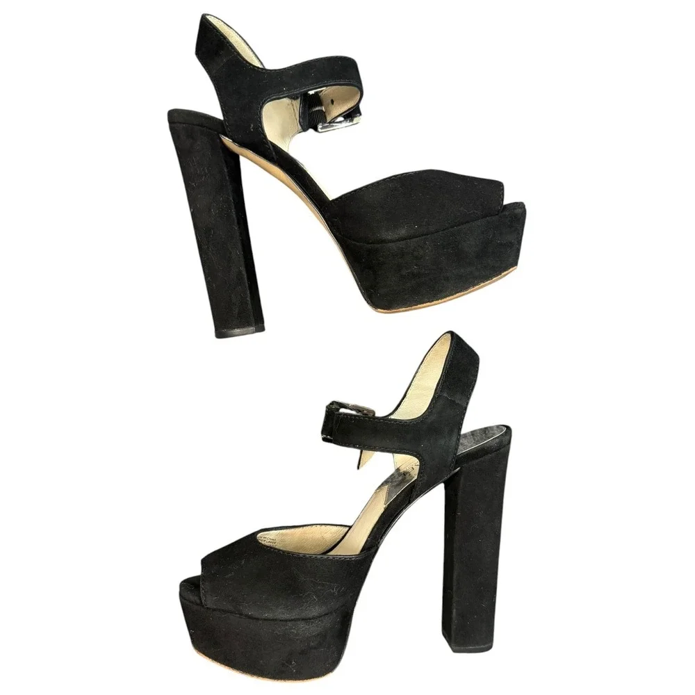 Michael Kors Platform Sandals Womens 6M Black Suede Block Heel Ankle Strap Y2K